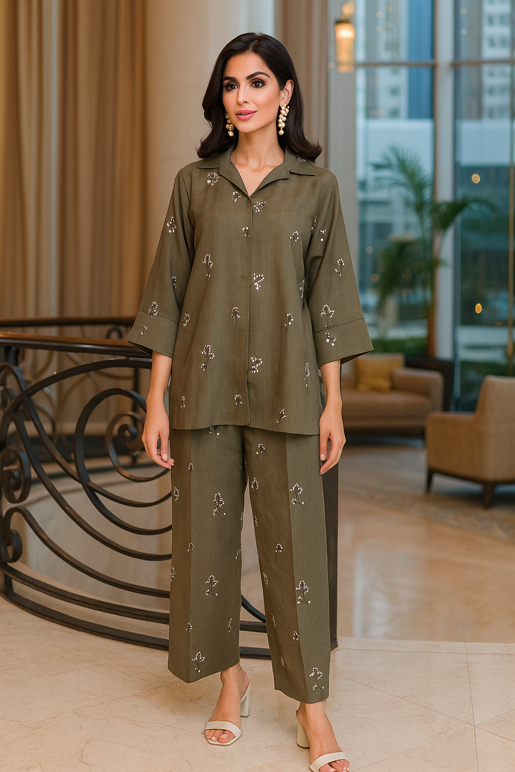 AMNA IQBAL - Green Emb Co-ord Set