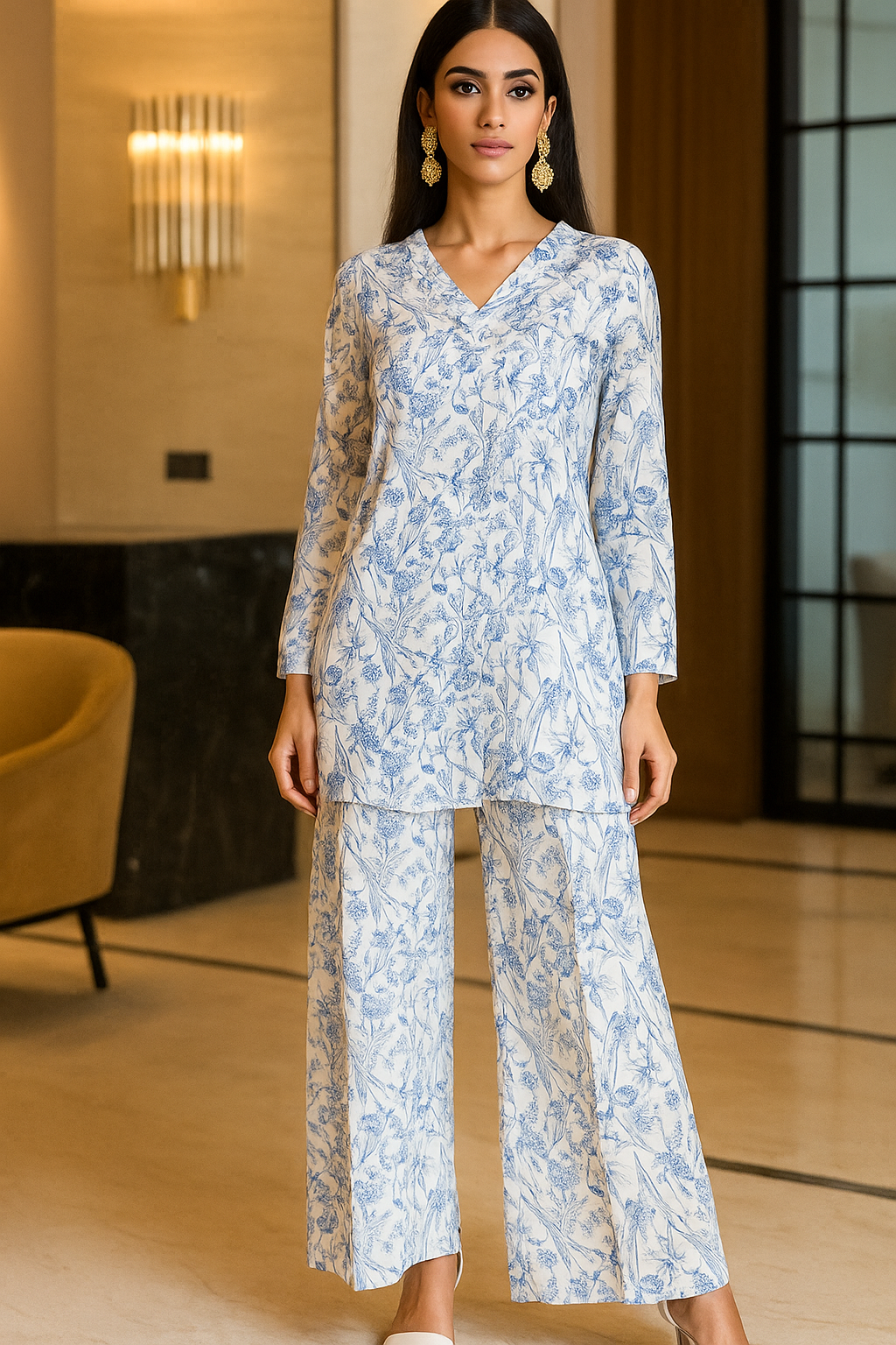 AMNA IQBAL - Blue and white Printed Coord Set