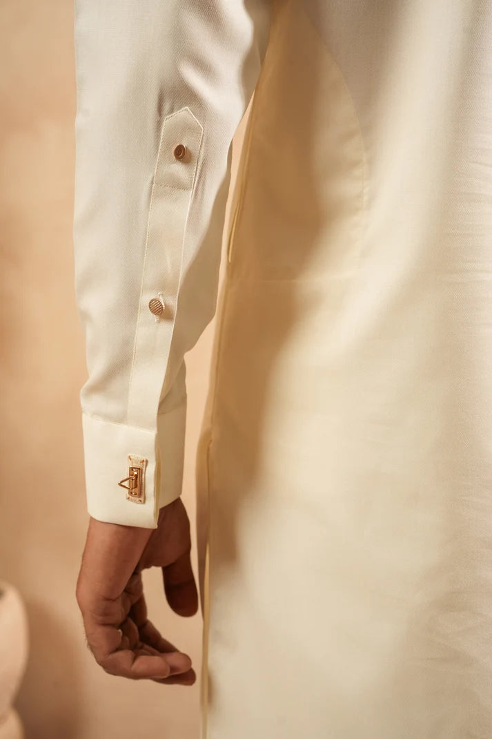 KUNZUL CHANNAR ( MENSWEAR ) - Cream White Mandarin Kurta Trouser