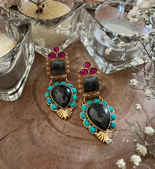 Dahlia by Sehar Zafar - Firozi with ruby and emerald stones Earrings