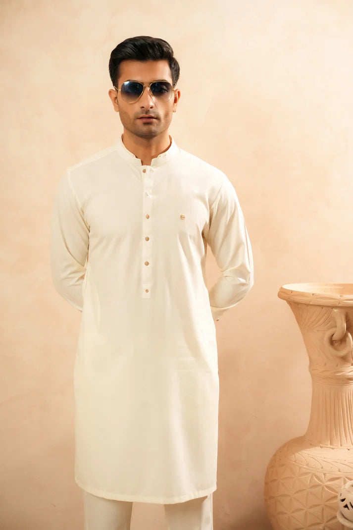 KUNZUL CHANNAR ( MENSWEAR ) - Cream White Mandarin Kurta Trouser