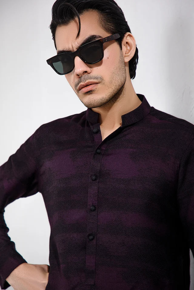 HUMAYUN ALAMGIR (MENSWEAR)-Purple and black Muhazzab kurta pajama