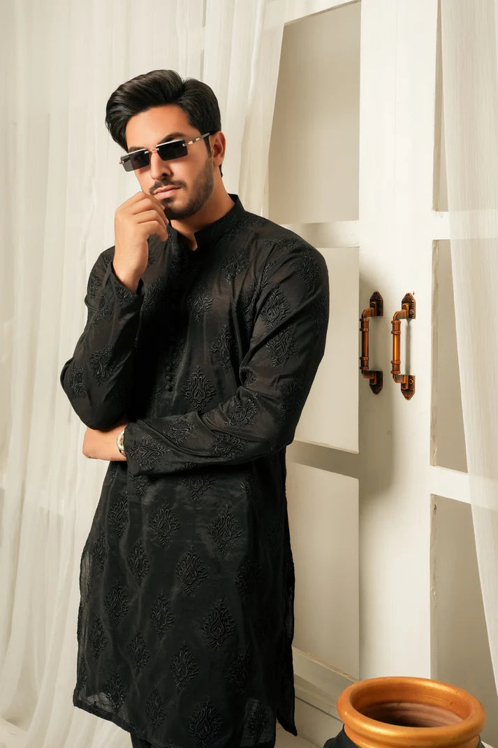 KUNZUL CHANNAR  ( MENSWEAR ) - Dark Black with Motifs Kurta and Trouser