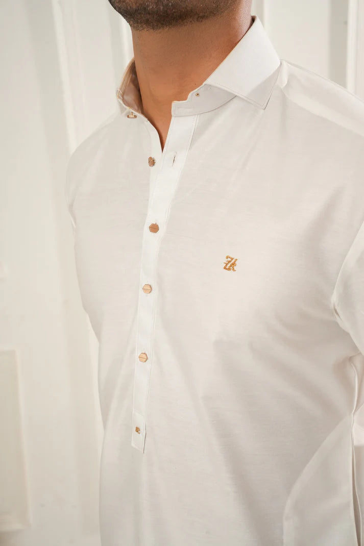 KUNZUL CHANNAR ( MENSWEAR ) - White Farshi Shalwar Kameez