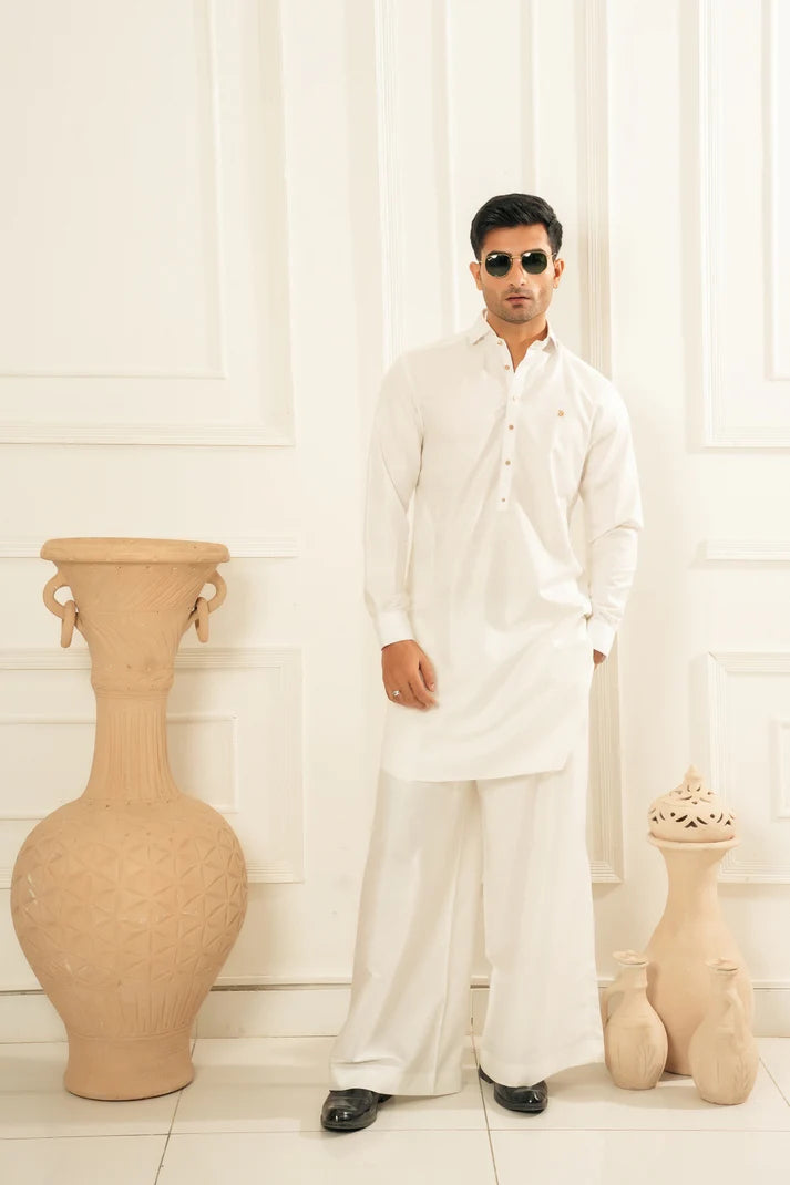 KUNZUL CHANNAR ( MENSWEAR ) - White Farshi Shalwar Kameez
