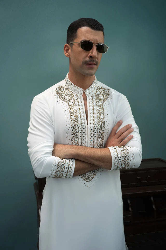 HUMAYUN ALAMGIR (MENSWEAR)-White armani hand miror work with stoler