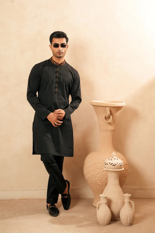 KUNZUL CHANNAR  ( MENSWEAR )  - Cotton Embroidered Mandarin Kurta Trouser