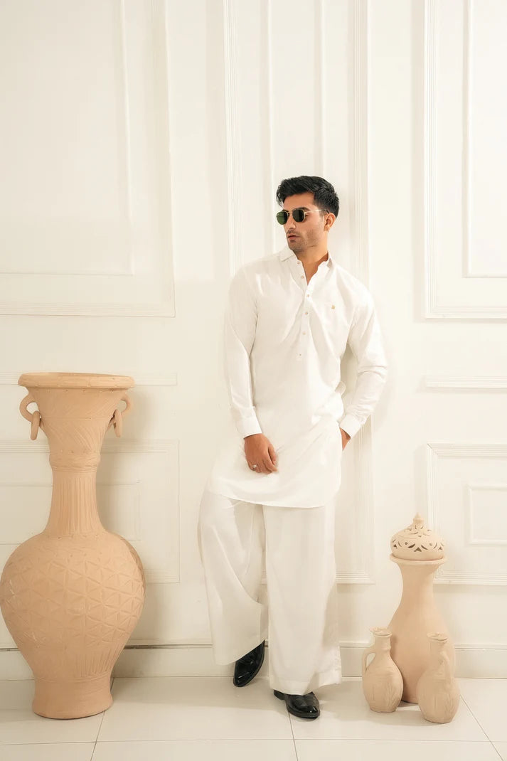 KUNZUL CHANNAR ( MENSWEAR ) - White Farshi Shalwar Kameez