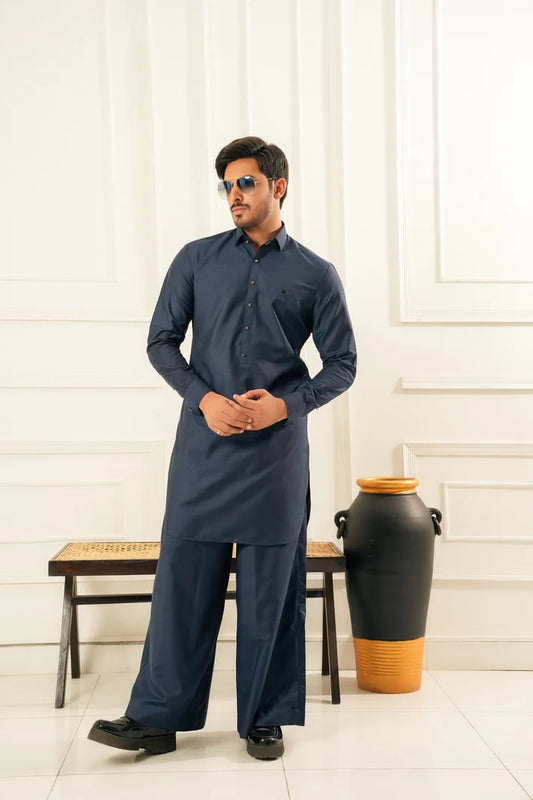 KUNZUL CHANNAR ( MENSWEAR ) - Navy Blue Farshi Shalwar Kameez