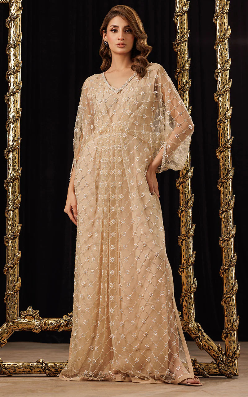 THREADS AND MOTIFS - Beige Crisscross Beads Pearl Kaftan
