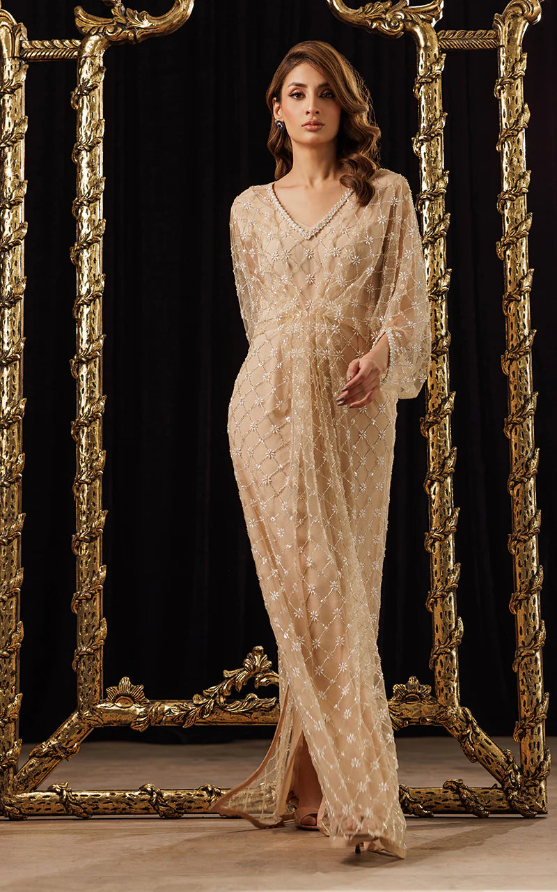 THREADS AND MOTIFS - Beige Crisscross Beads Pearl Kaftan