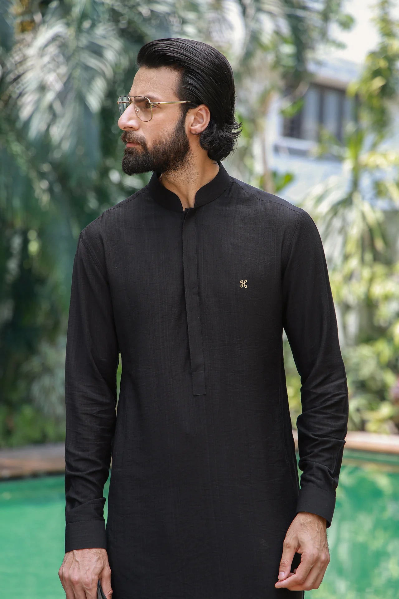 HUMAYUN ALAMGIR MENSWEAR - Black Linen Silk Kurta Pajama