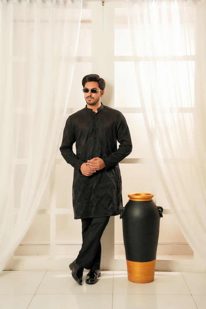 KUNZUL CHANNAR  ( MENSWEAR ) - Dark Black with Motifs Kurta and Trouser