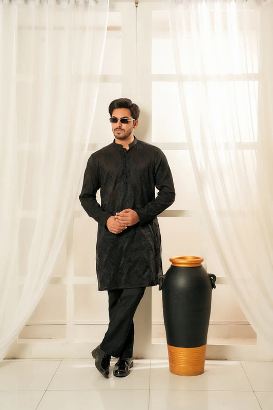 KUNZUL CHANNAR  ( MENSWEAR ) - Dark Black with Motifs Kurta and Trouser