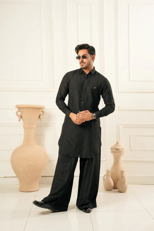 KUNZUL CHANNAR  ( MENSWEAR ) - Black Farshi Shalwar Kameez