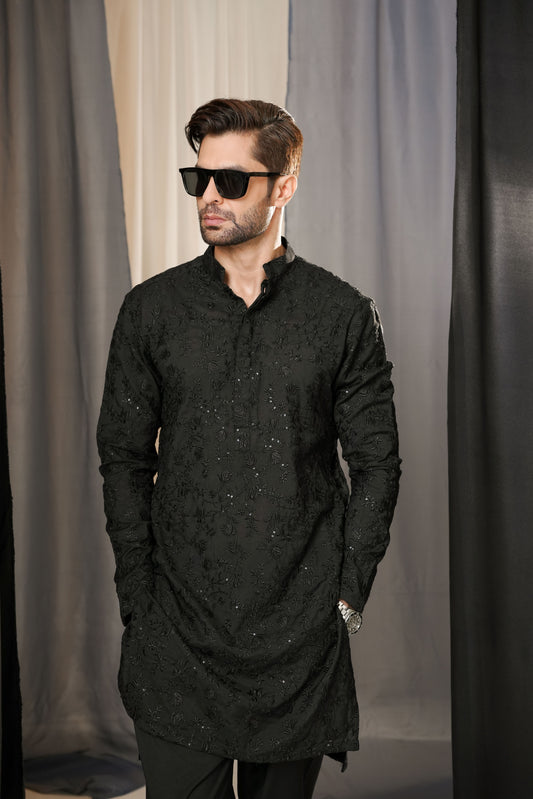KUNZUL CHANNAR MENSWEAR - Black Embroidered Kurta Trouser