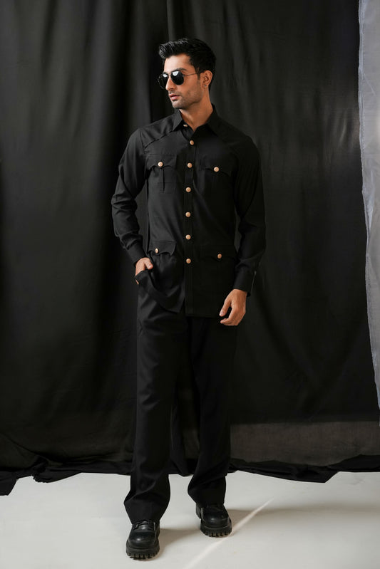 KUNZUL CHANNAR MENSWEAR - Black Safari Kurta Trouser