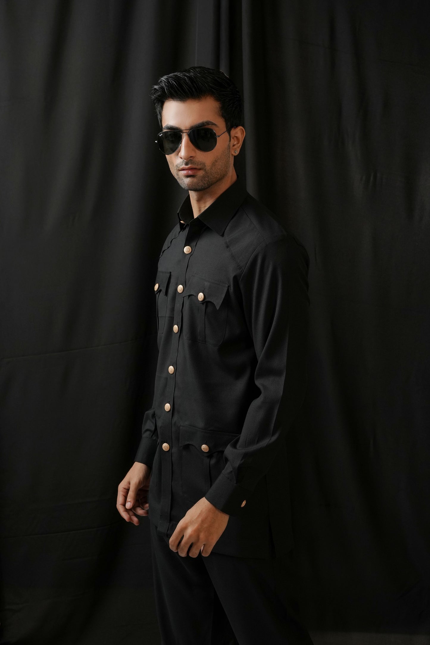 KUNZUL CHANNAR MENSWEAR - Black Safari Kurta Trouser