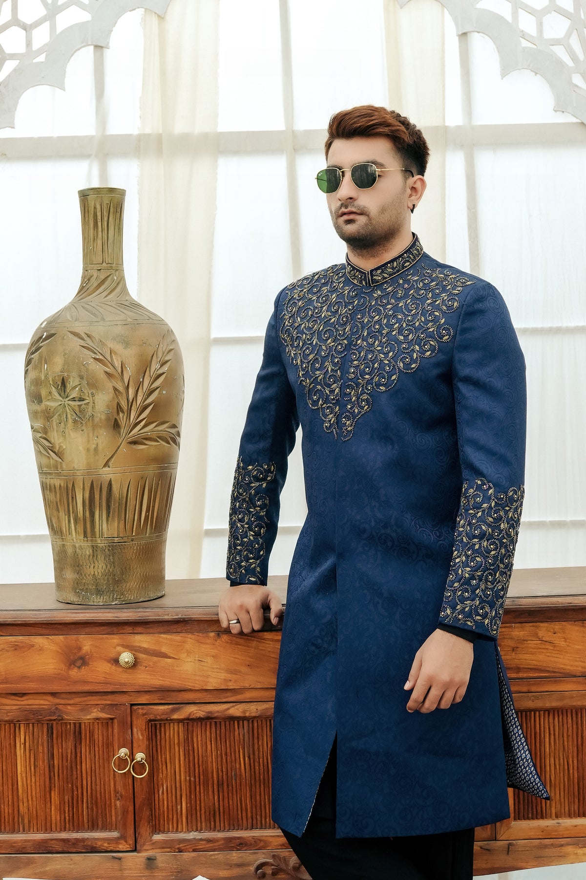 KUNZUL CHANNAR MENSWEAR-Blue panel worl sherwani