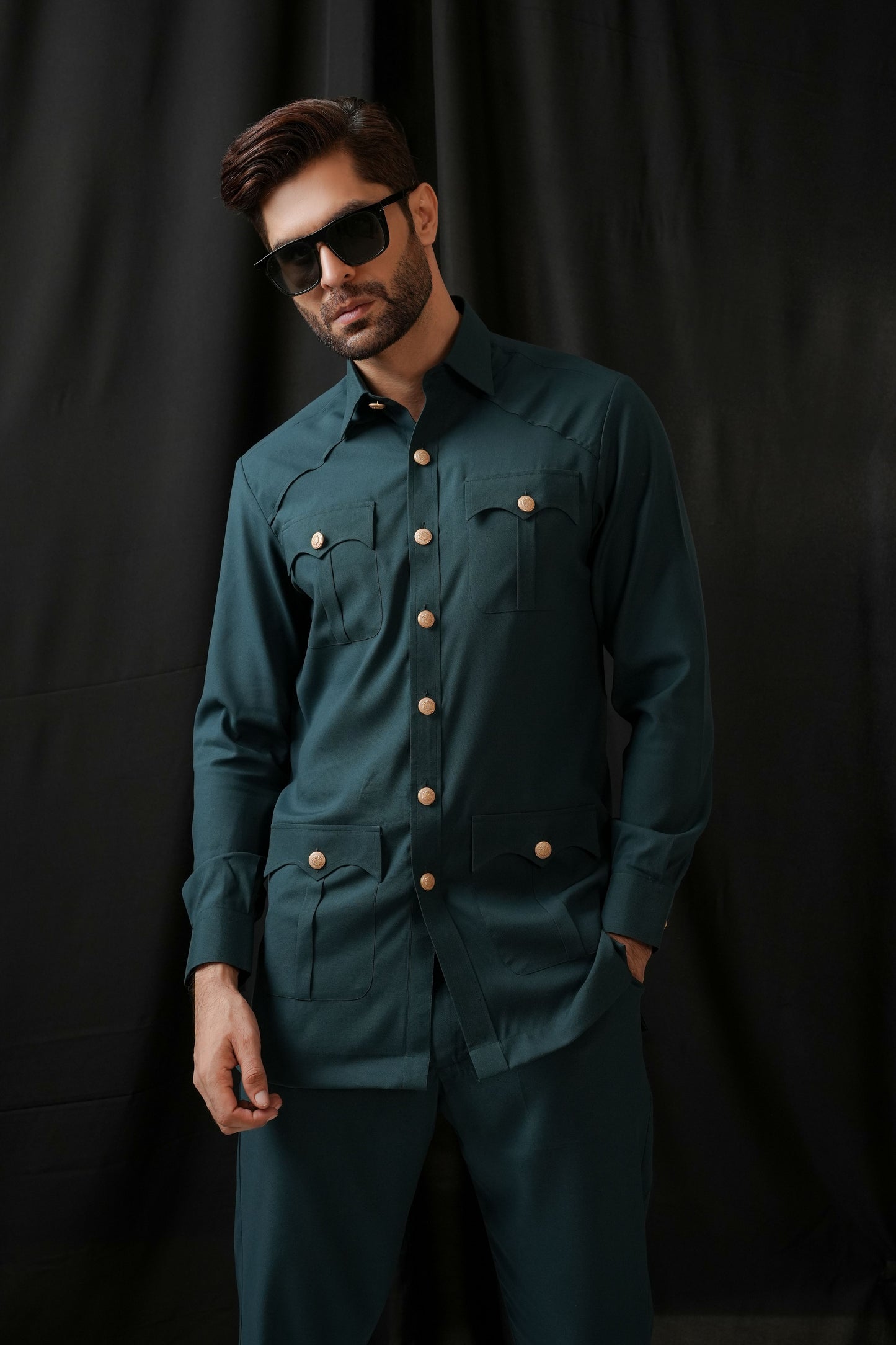 KUNZUL CHANNAR MENSWEAR - Bottle Green Safari Kurta Trouser