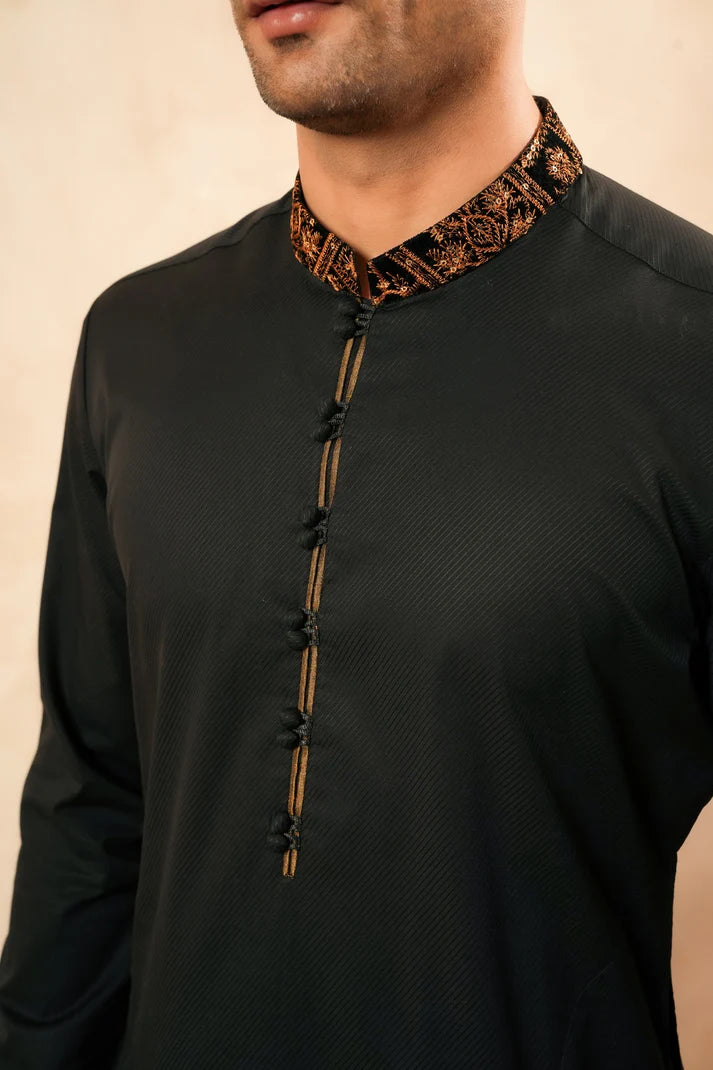 KUNZUL CHANNAR ( MENSWEAR ) - Cotton Embroidered Mandarin Kurta Trouser