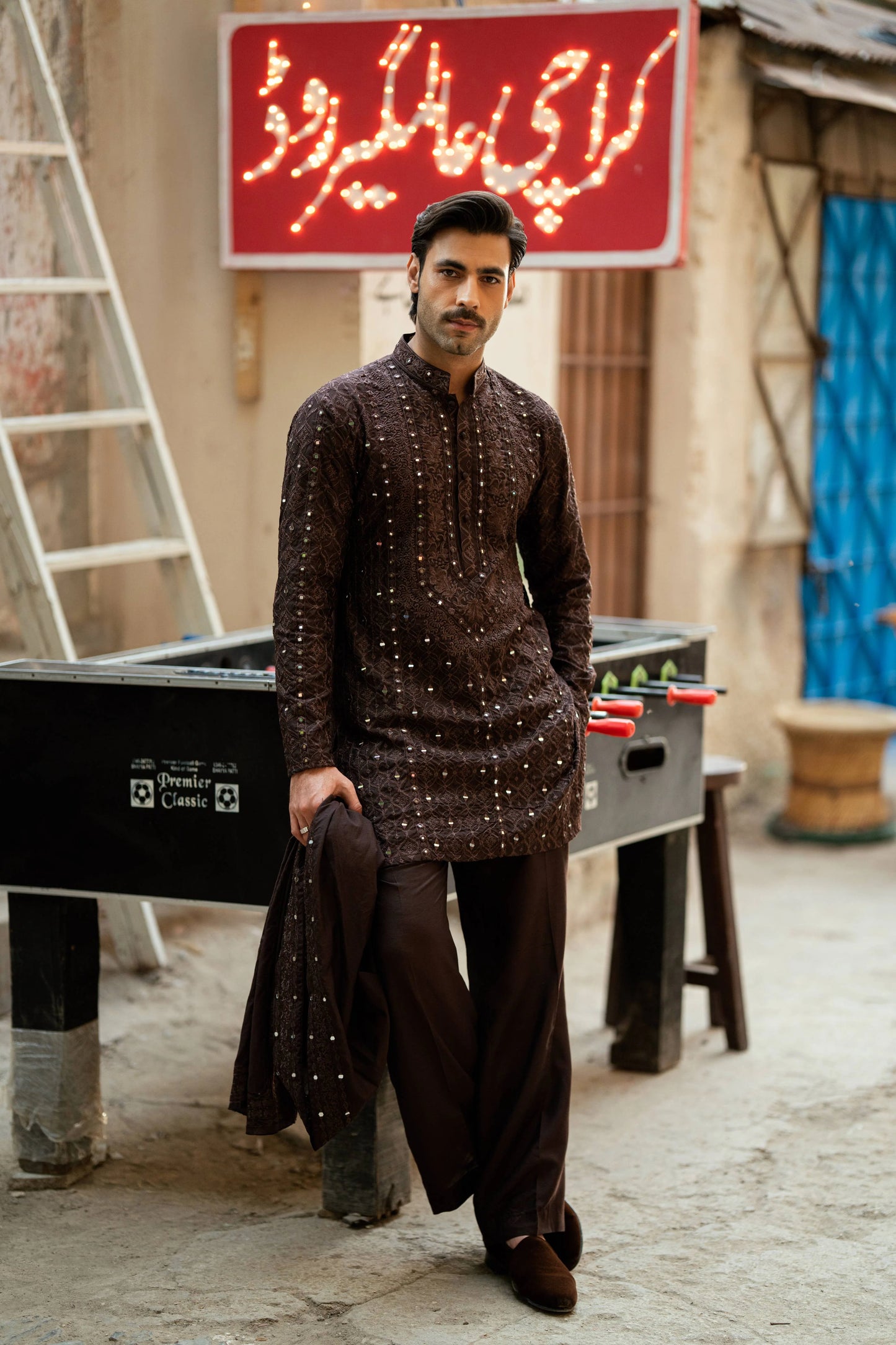 HUMAYUN ALAMGIR (MENSWEAR) - Brown Mirror Work
