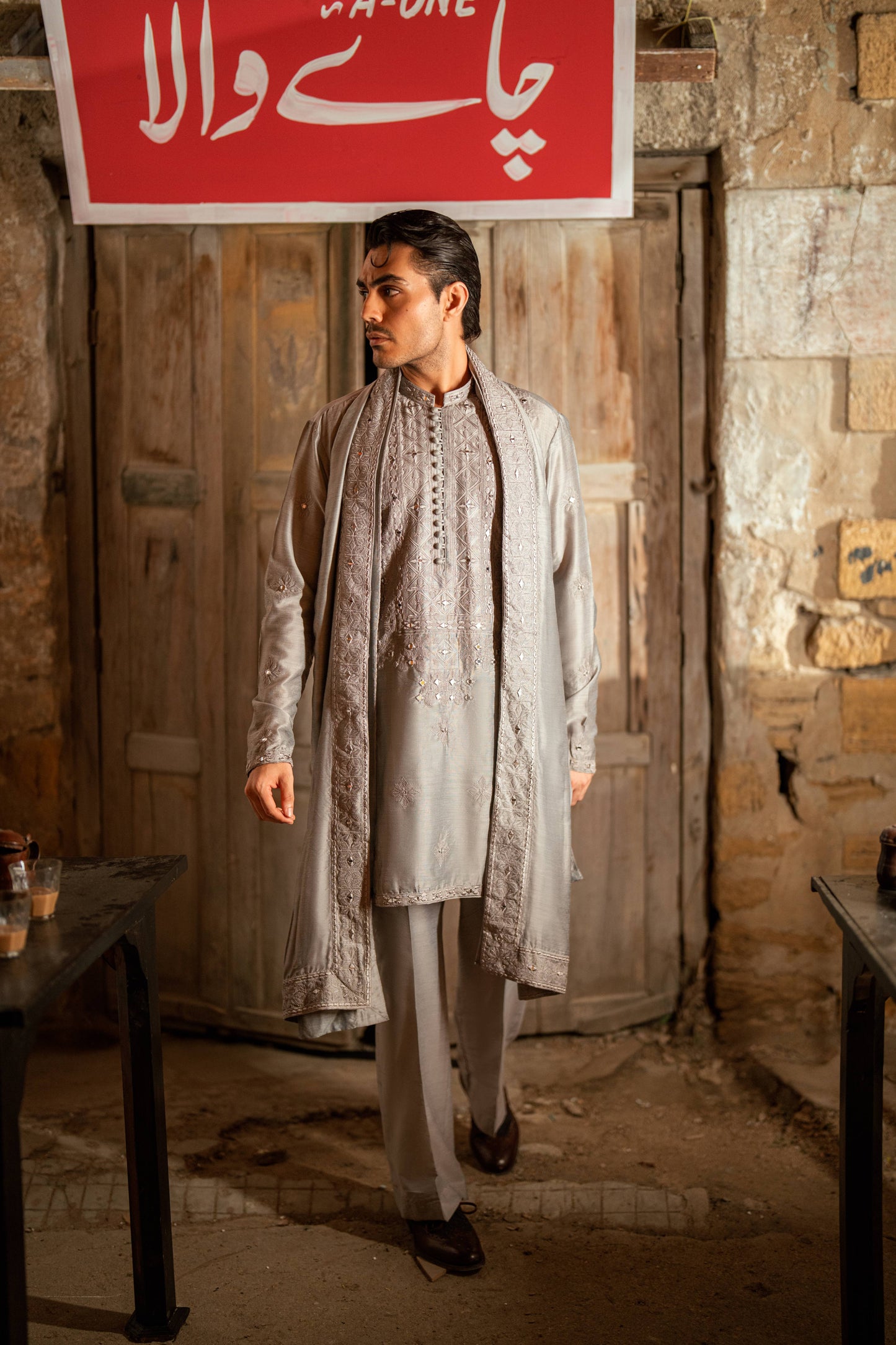 HUMAYUN ALAMGIR (MENSWEAR) - Ash Gray Mirror Work