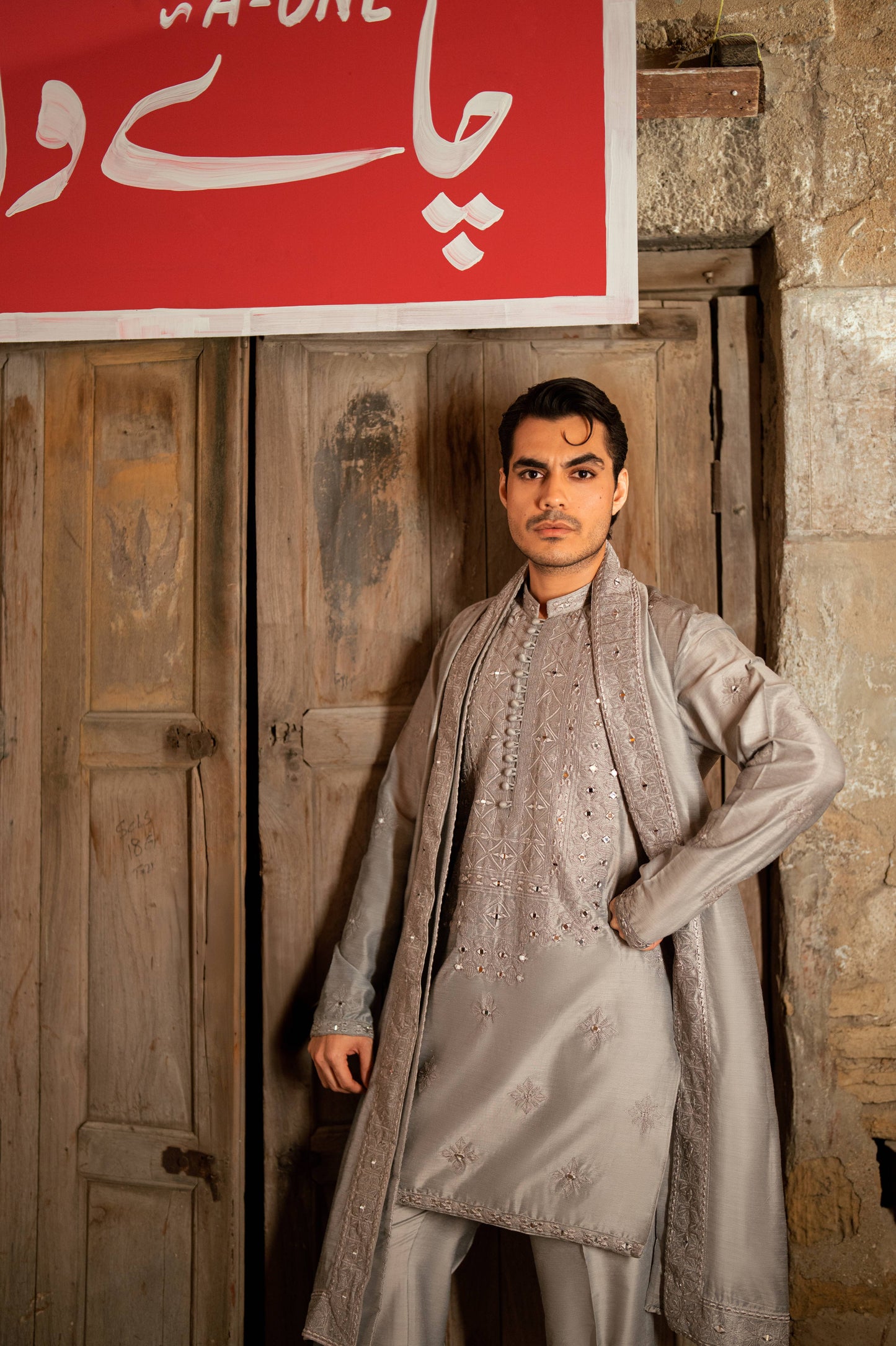 HUMAYUN ALAMGIR (MENSWEAR) - Ash Gray Mirror Work