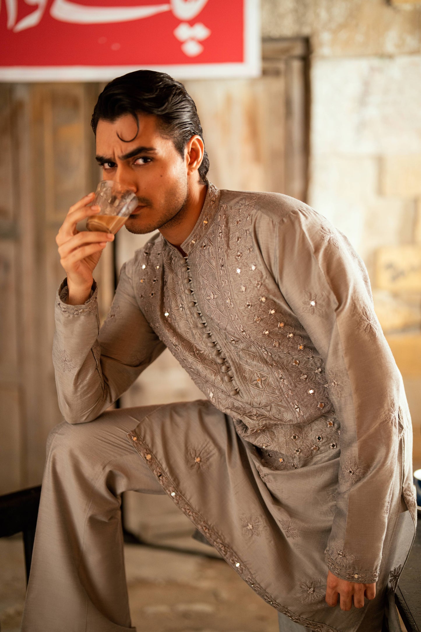 HUMAYUN ALAMGIR (MENSWEAR) - Ash Gray Mirror Work