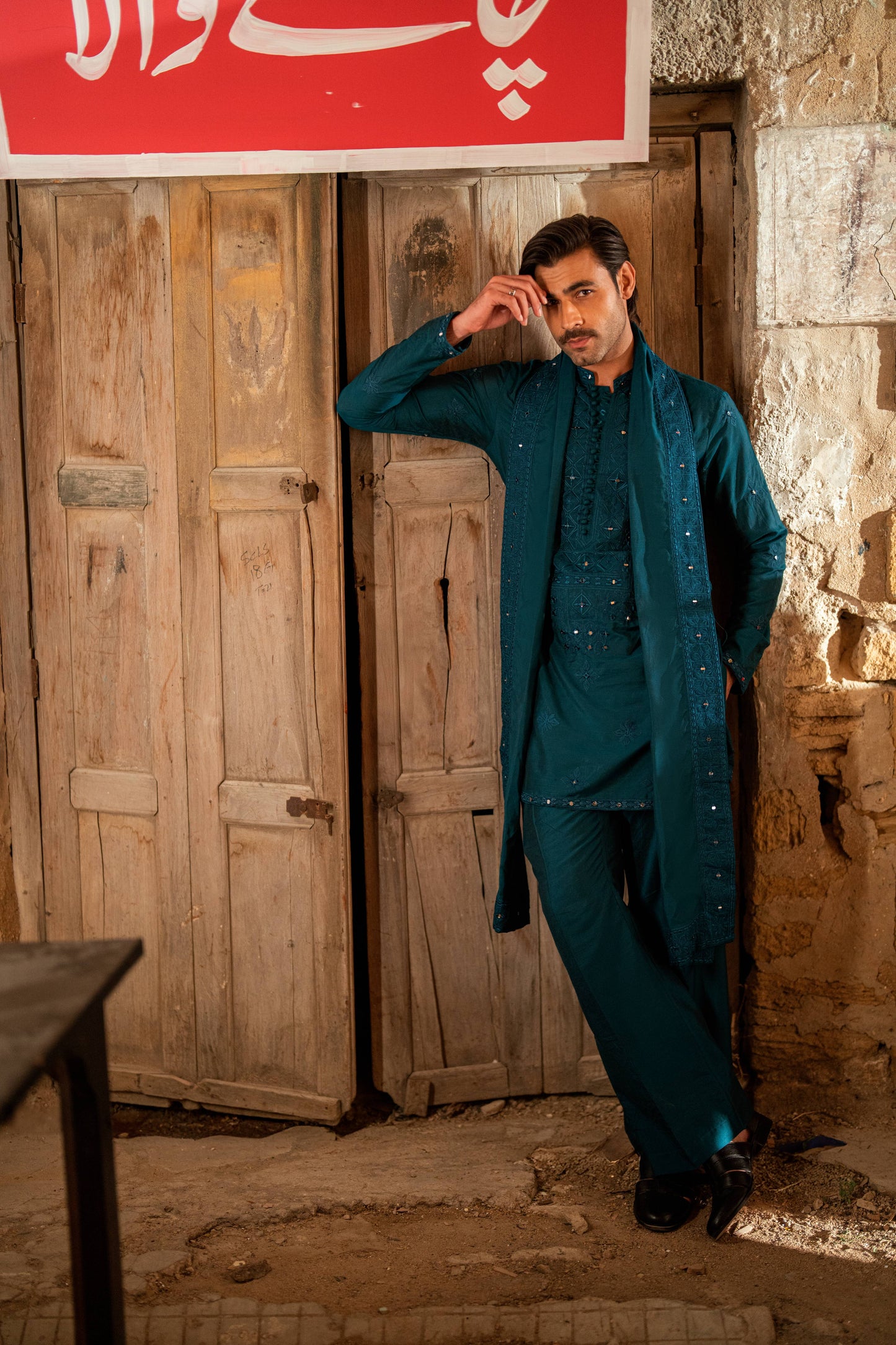 HUMAYUN ALAMGIR (MENSWEAR) - Teal Green Mirror Work