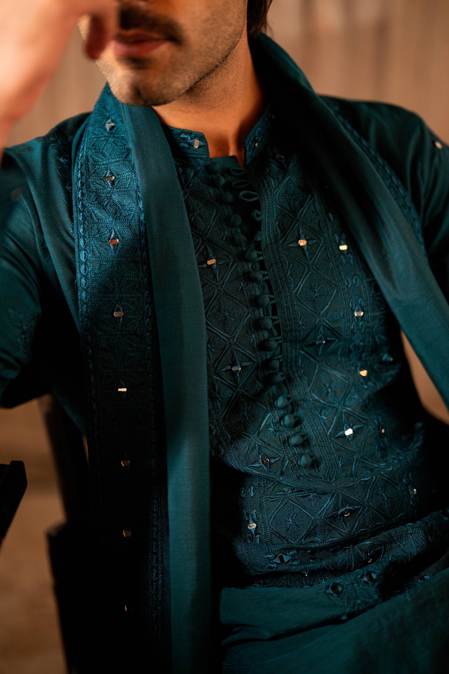 HUMAYUN ALAMGIR (MENSWEAR) - Teal Green Mirror Work