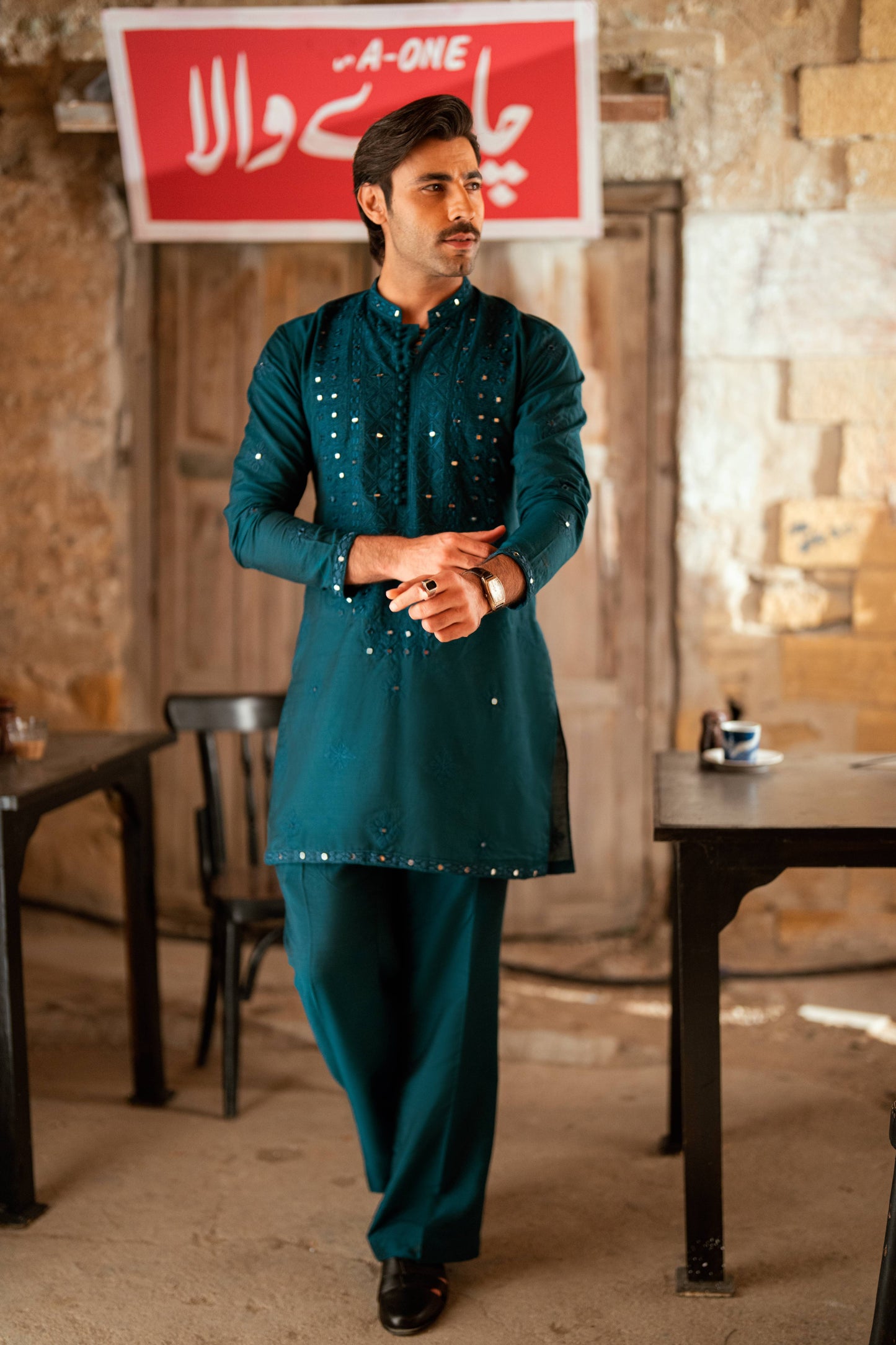 HUMAYUN ALAMGIR (MENSWEAR) - Teal Green Mirror Work