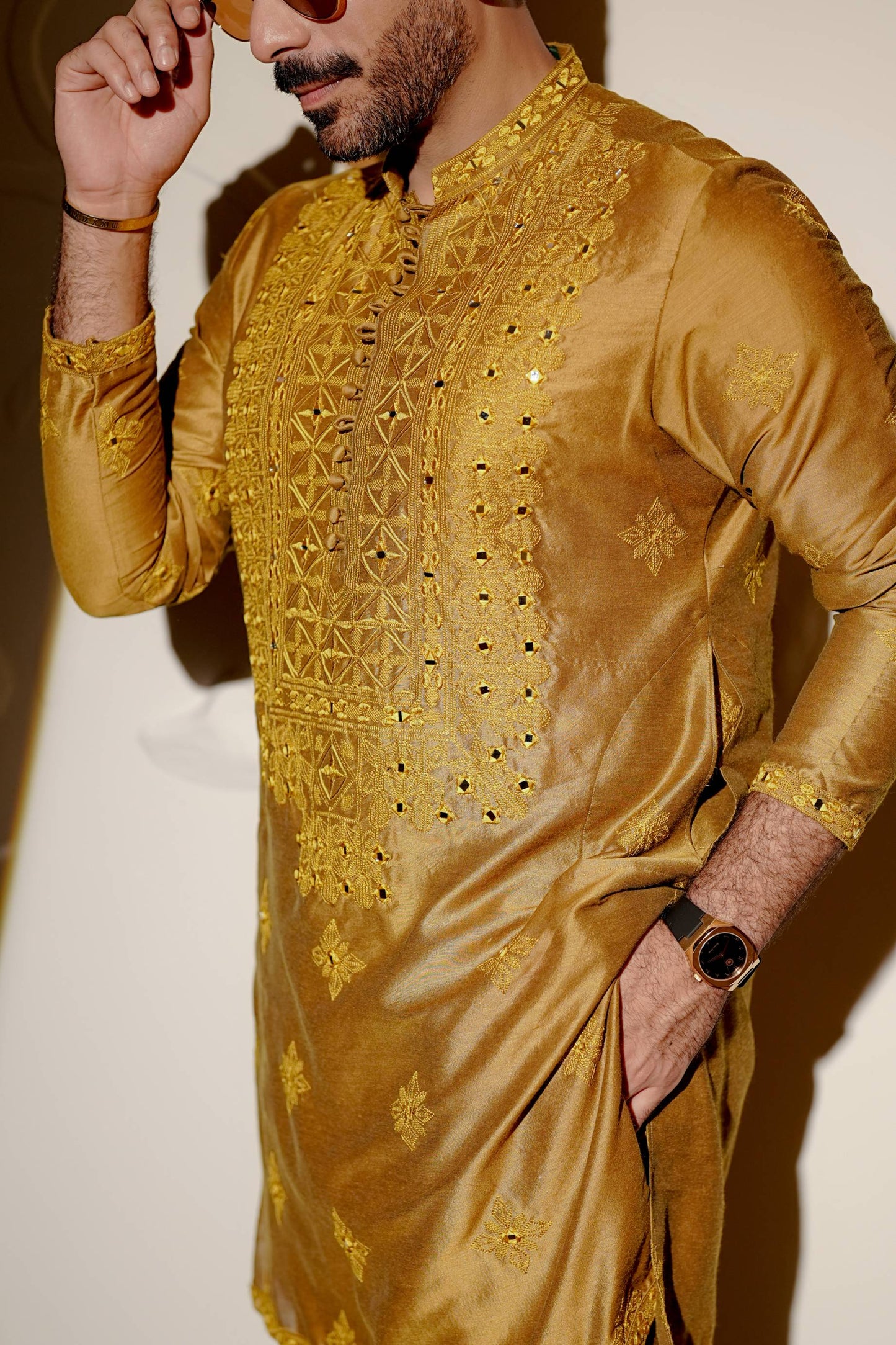 HUMAYUN ALAMGIR (MENSWEAR) - Mustard Mirror Work