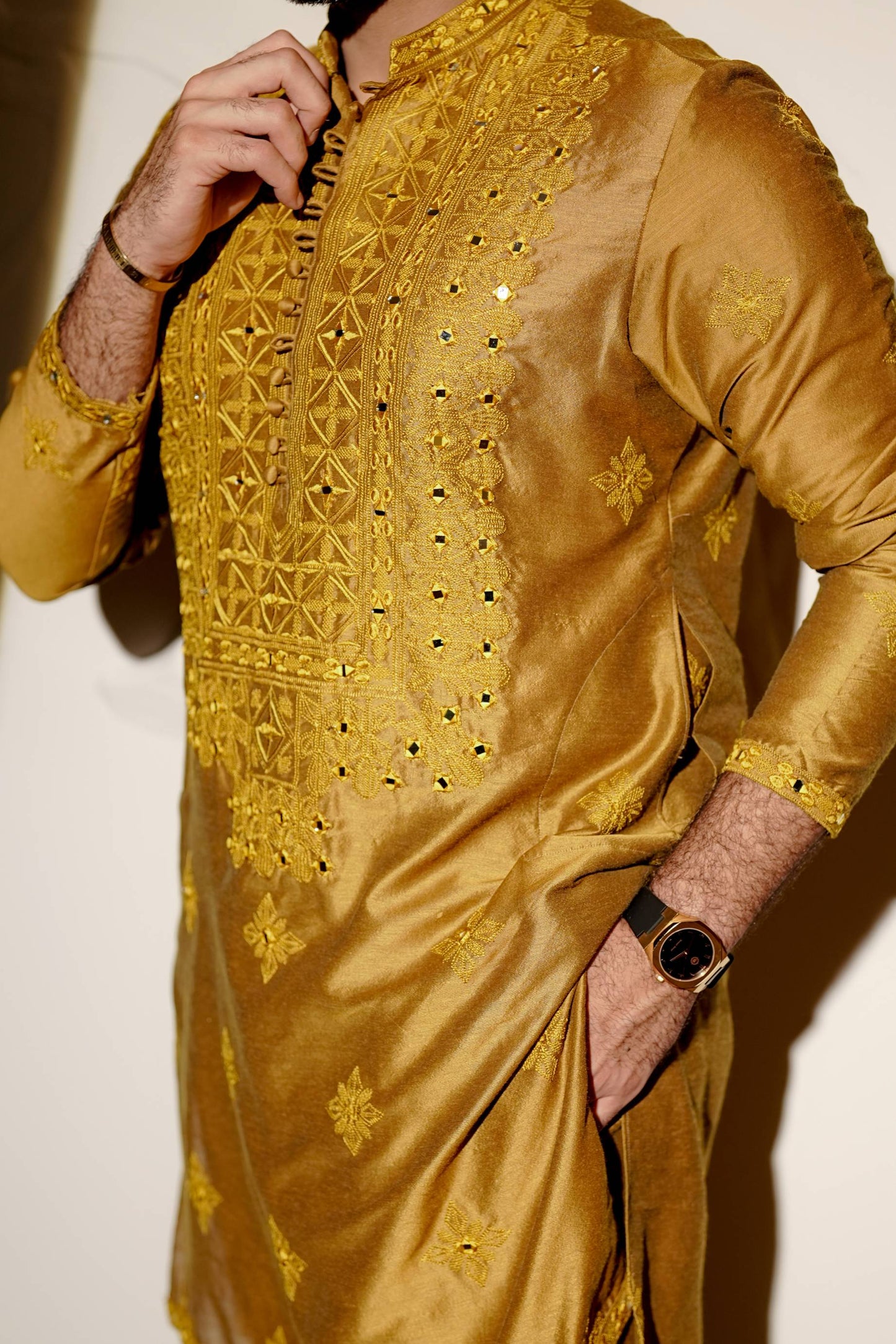HUMAYUN ALAMGIR (MENSWEAR) - Mustard Mirror Work