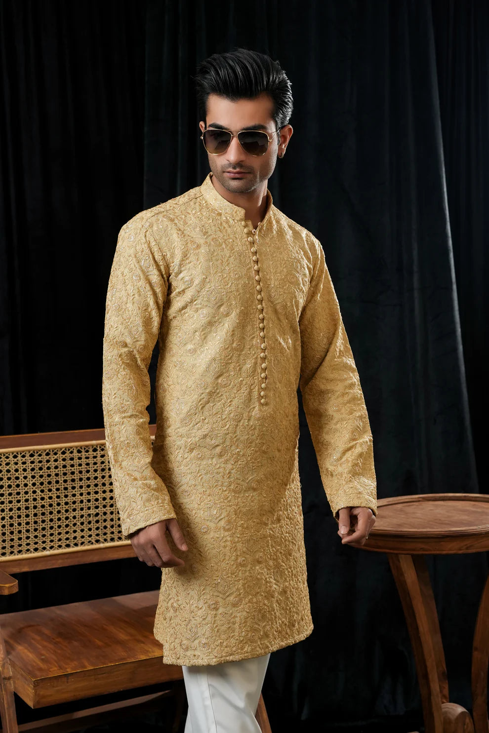 KUNZUL CHANNAR MENSWEAR-Ivory gold sequin