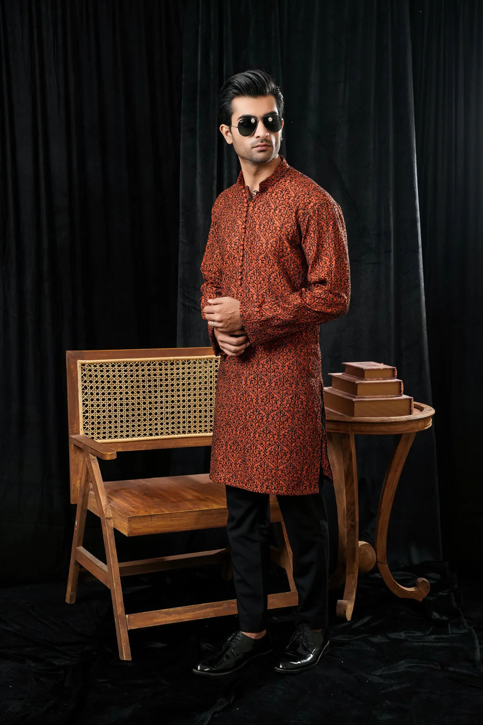 KUNZUL CHANNAR MENSWEAR- Orange and black embroidered