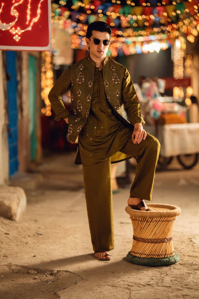 HUMAYUN ALAMGIR (MENSWEAR)-Zareef olive green waist coat