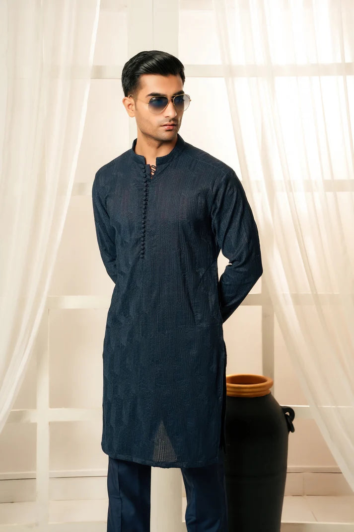 KUNZUL CHANNAR ( MENSWEAR ) - Dark Blue with Embroidered Kurta and Trouser