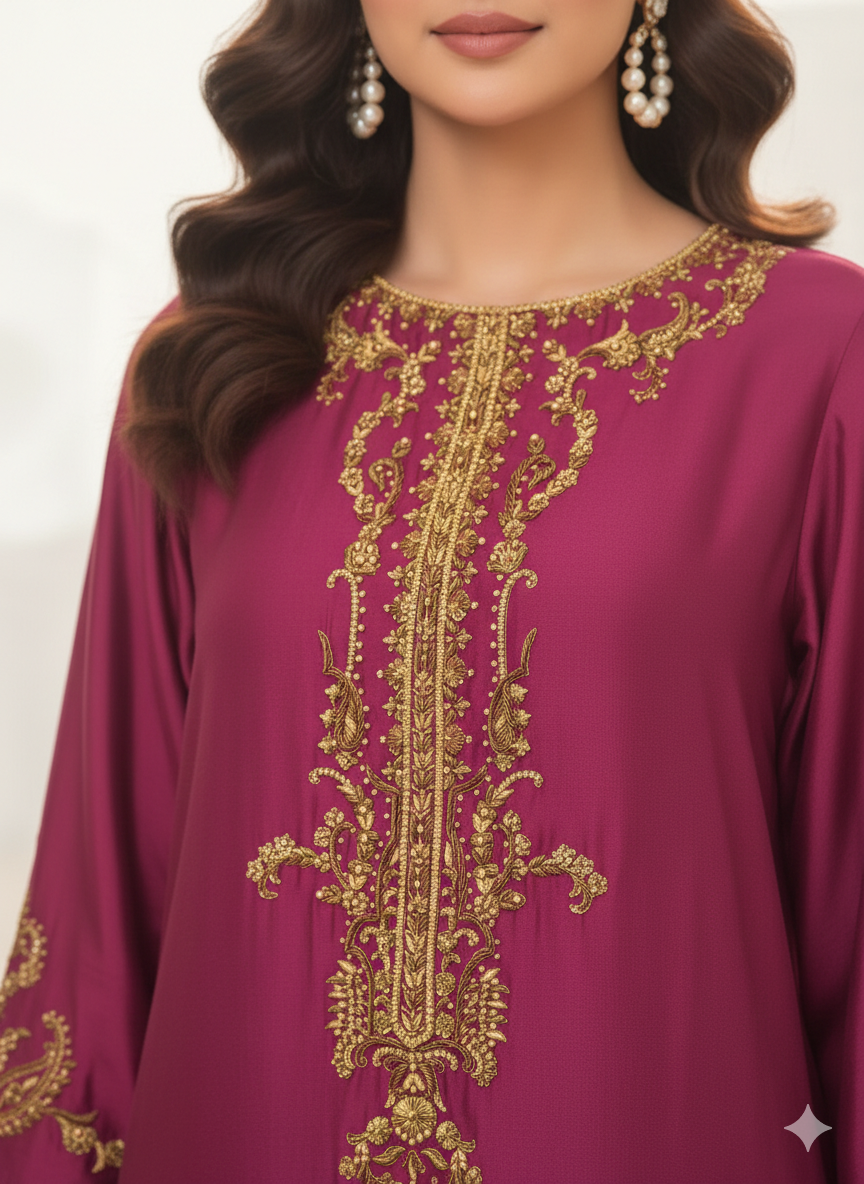 SAMMY K - Magenta gold neck sequence rawsilk