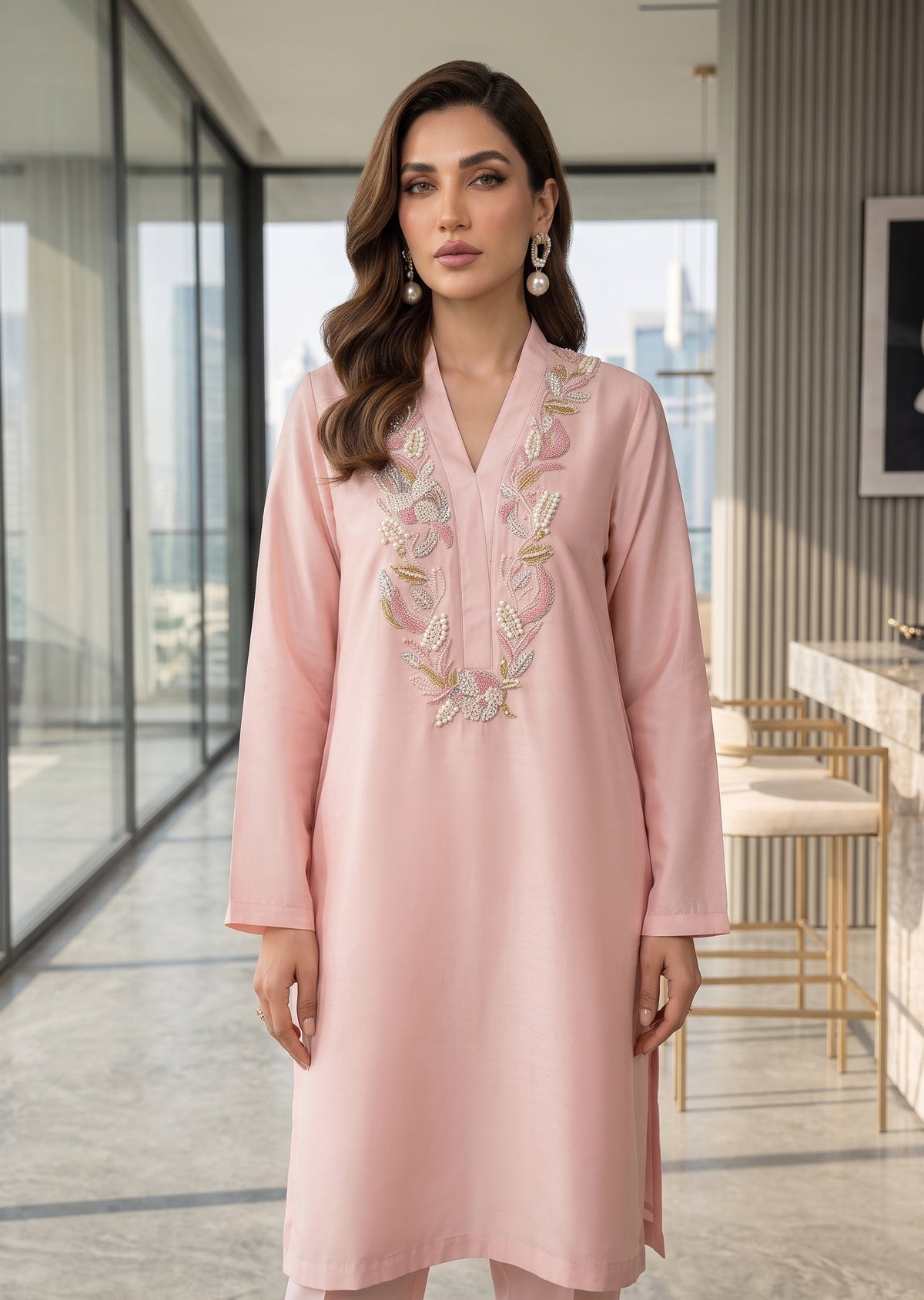 ASHJAIN SAFWAN- Peach set with shalwar pants