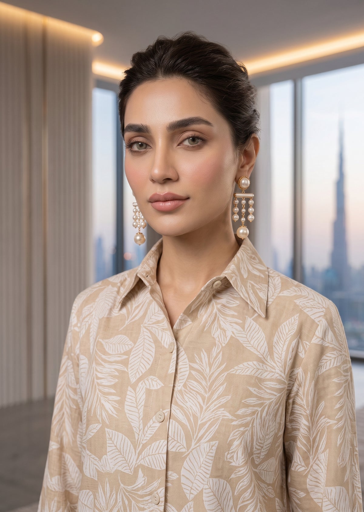 AMNA IQBAL- Beige and white printed linen