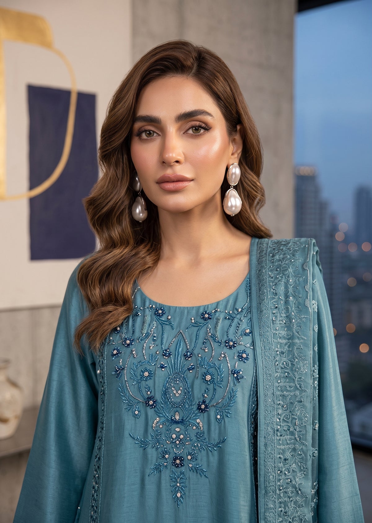 FARAH ZUBAIR- Blue emb Shirt