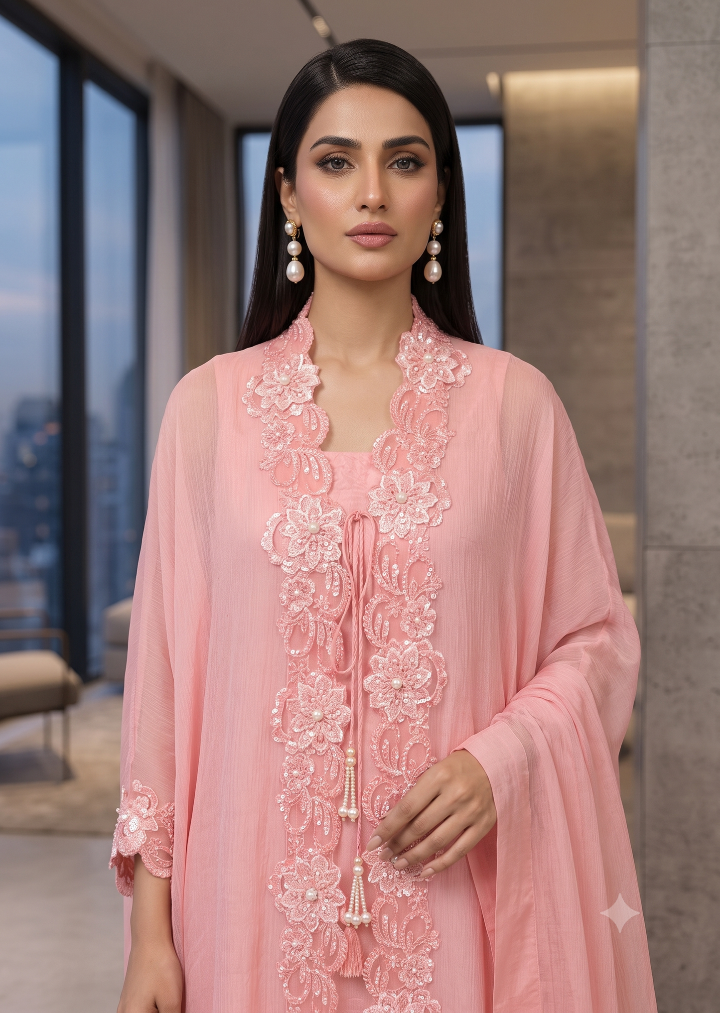 MARIA RAO-Peach suit flower lace