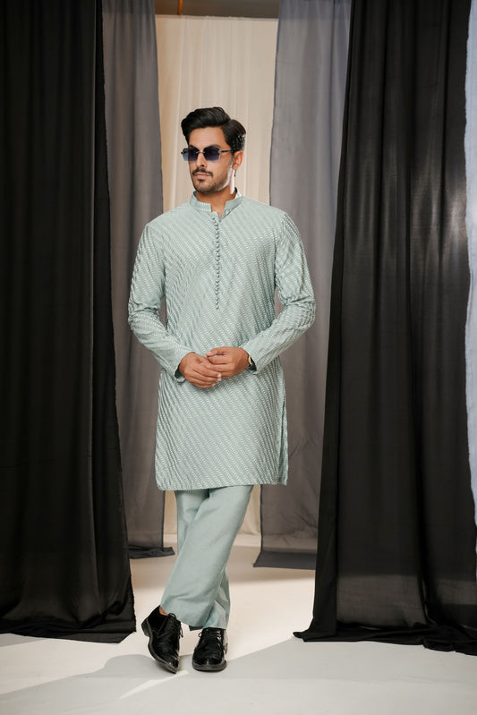 KUNZUL CHANNAR MENSWEAR - Light Blue Embroidered Kurta Trouser