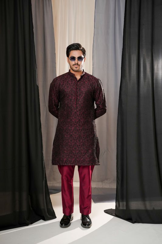 KUNZUL CHANNAR MENSWEAR - Maroon Embroidered Kurta Trouser