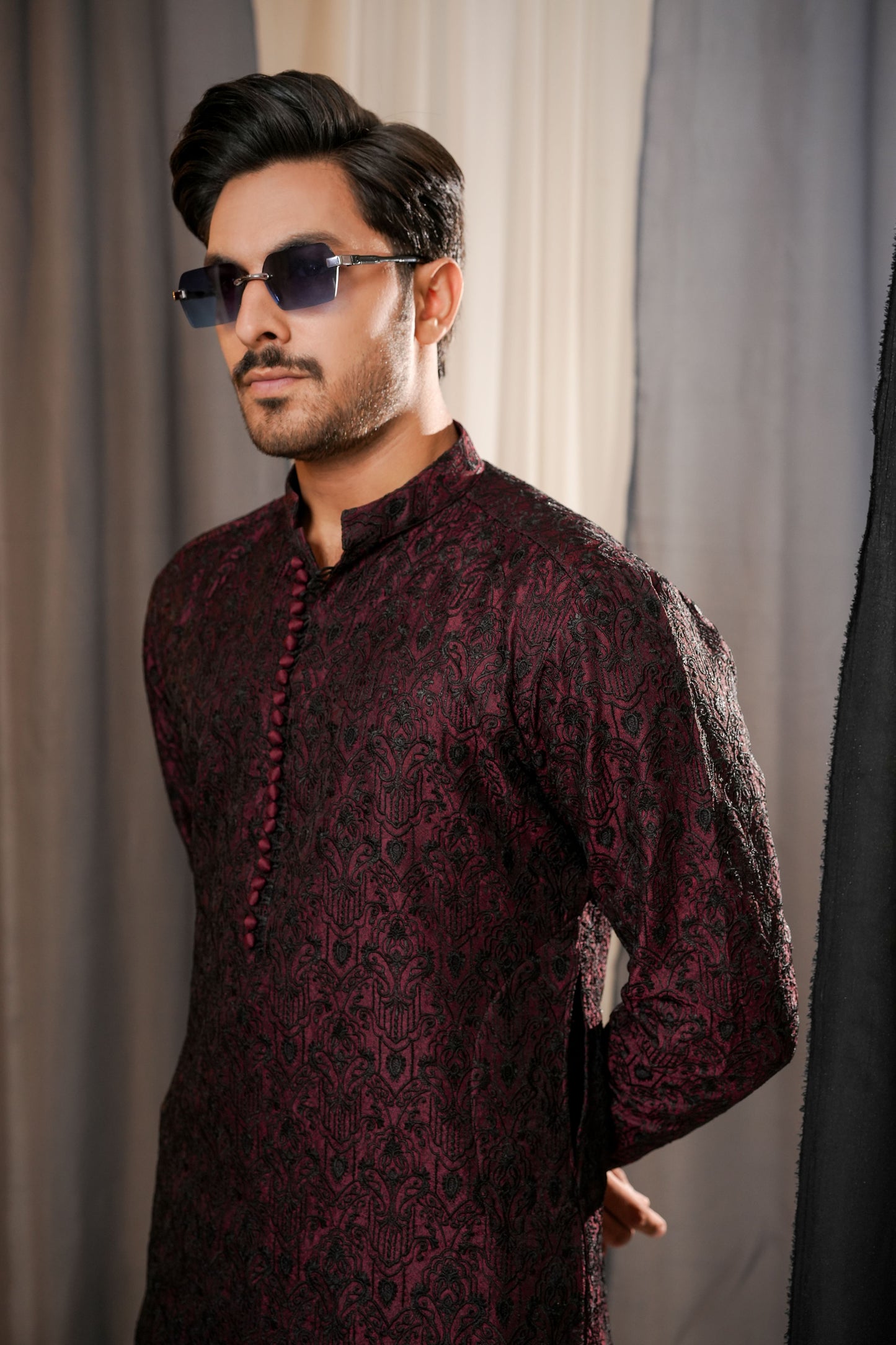 KUNZUL CHANNAR MENSWEAR - Maroon Embroidered Kurta Trouser