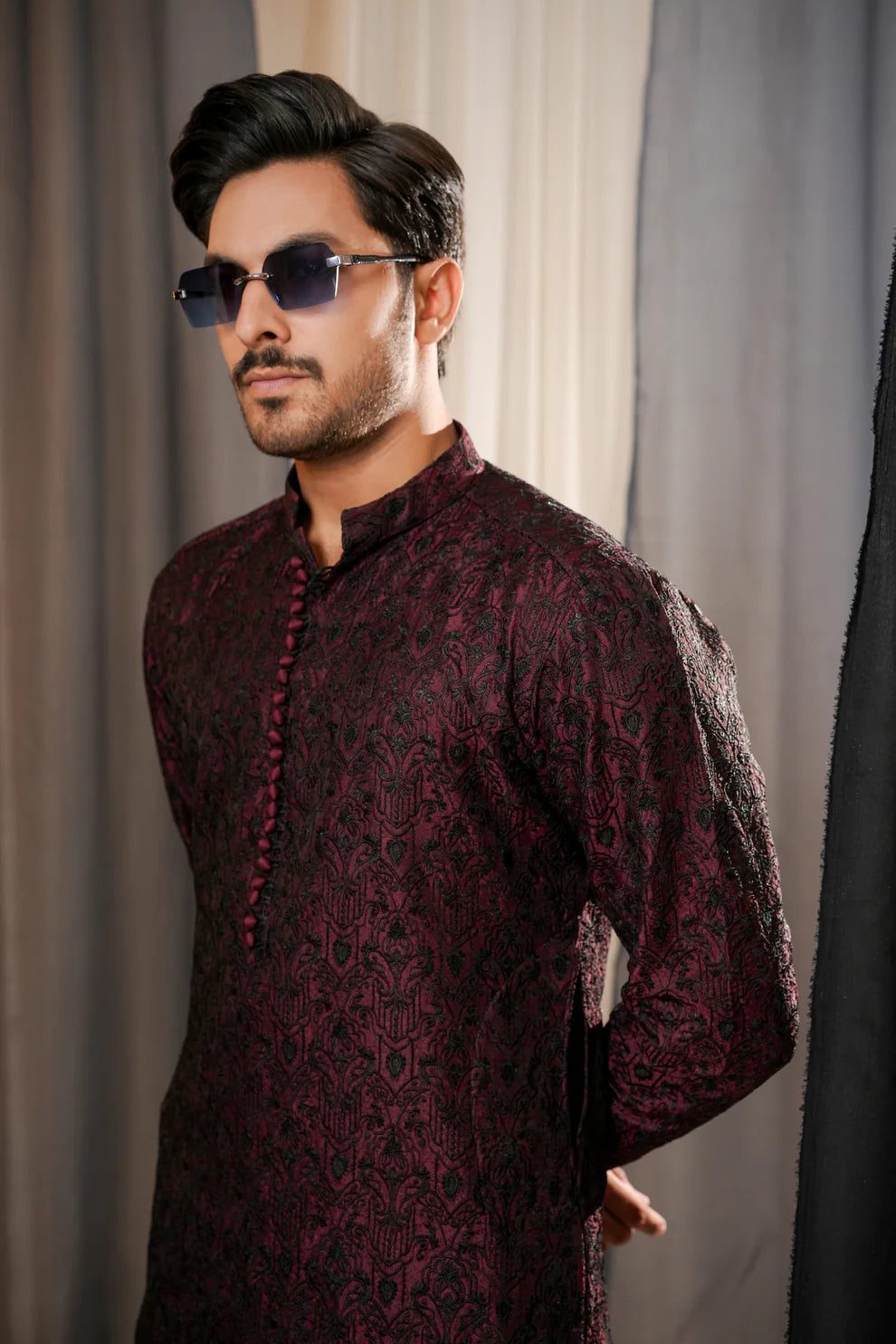 KUNZUL CHANNAR MENSWEAR - Maroon embroidered
