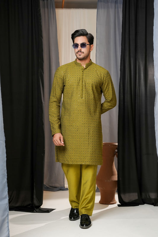 KUNZUL CHANNAR MENSWEAR - Mehendi Green Kurta Trouser