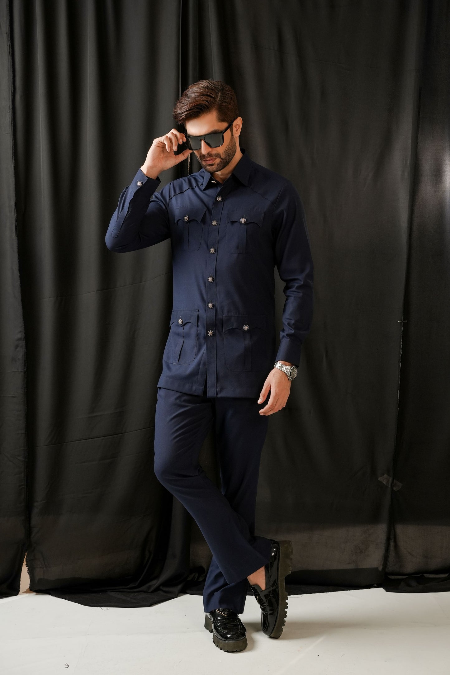 KUNZUL CHANNAR MENSWEAR - Mid-night Blue Safari Kurta Trouser