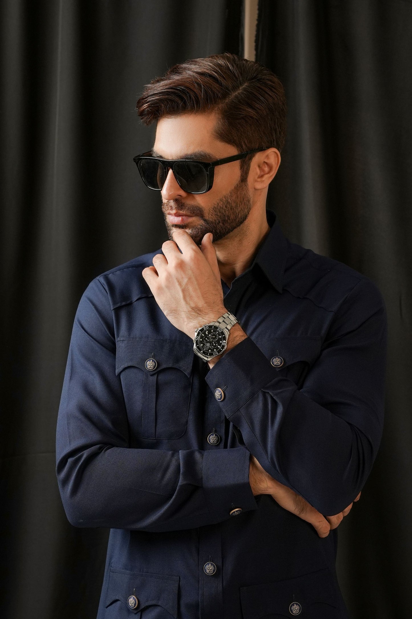 KUNZUL CHANNAR MENSWEAR - Mid-night Blue Safari Kurta Trouser